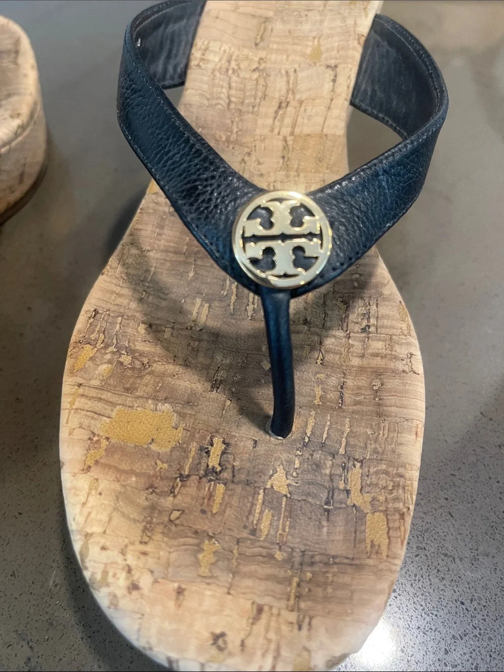 Tory Burch Black Leather Cork Wedge Thong Sandals with Gold Logo